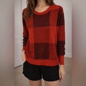 Westbound Long Sleeve Red Black Checked Plaid Knit Round Neck Sweater